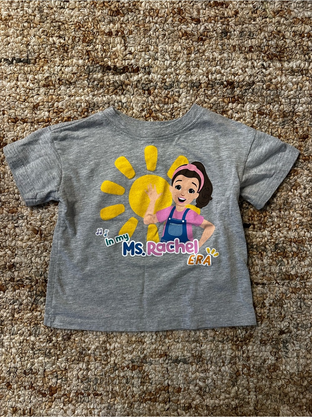 Ms. Rachel Gray Kids Tee with Yellow Sun and Colorful Graphic